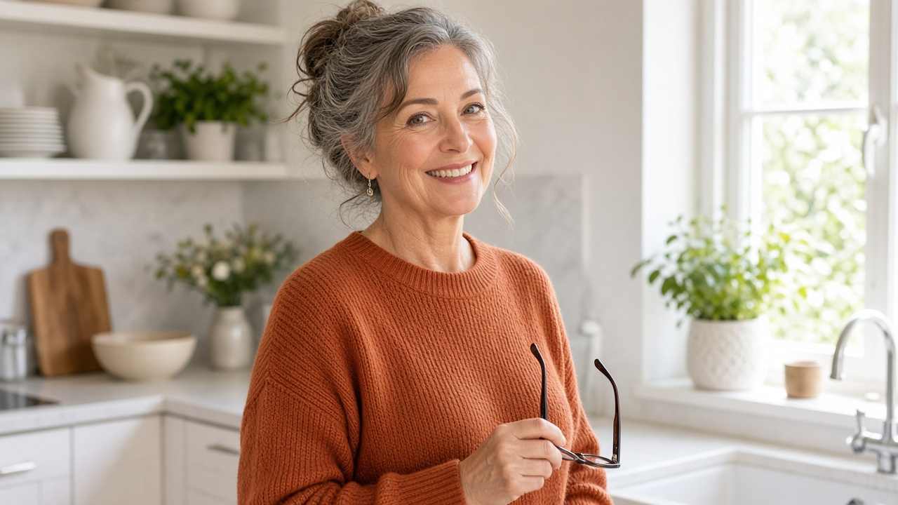 A woman smiling in a bright kitchen, holding glasses, no product in frame