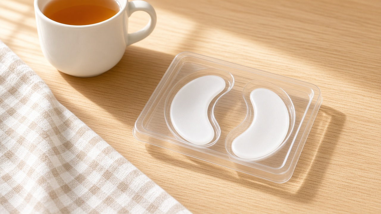 A clear tray with two comma-shaped dissolving patches on a kitchen table beside a mug of tea