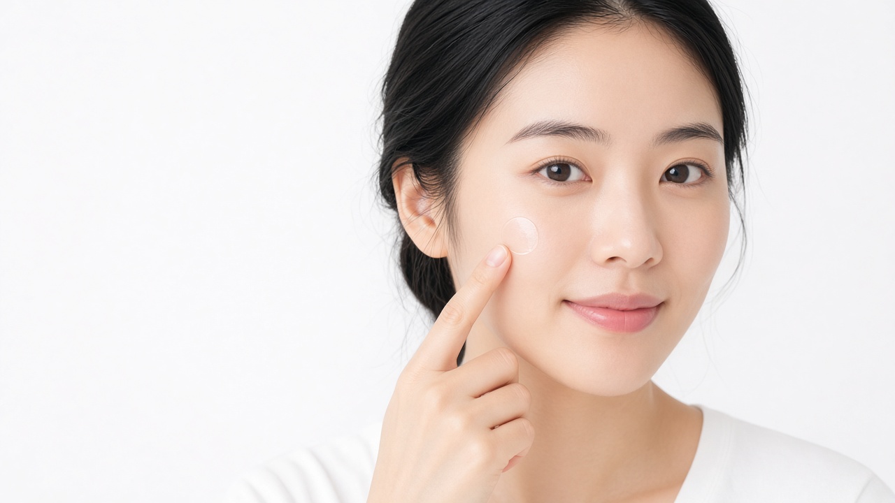 A woman applying a clear circular spot patch to her cheek