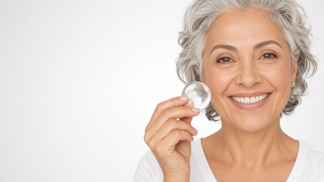 A woman holding a clear circular spot patch