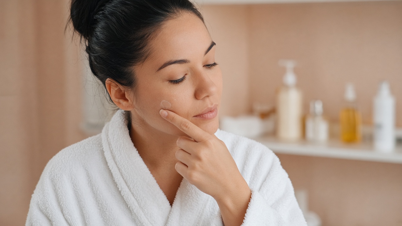 A woman in a bathrobe applying a clear circular spot patch