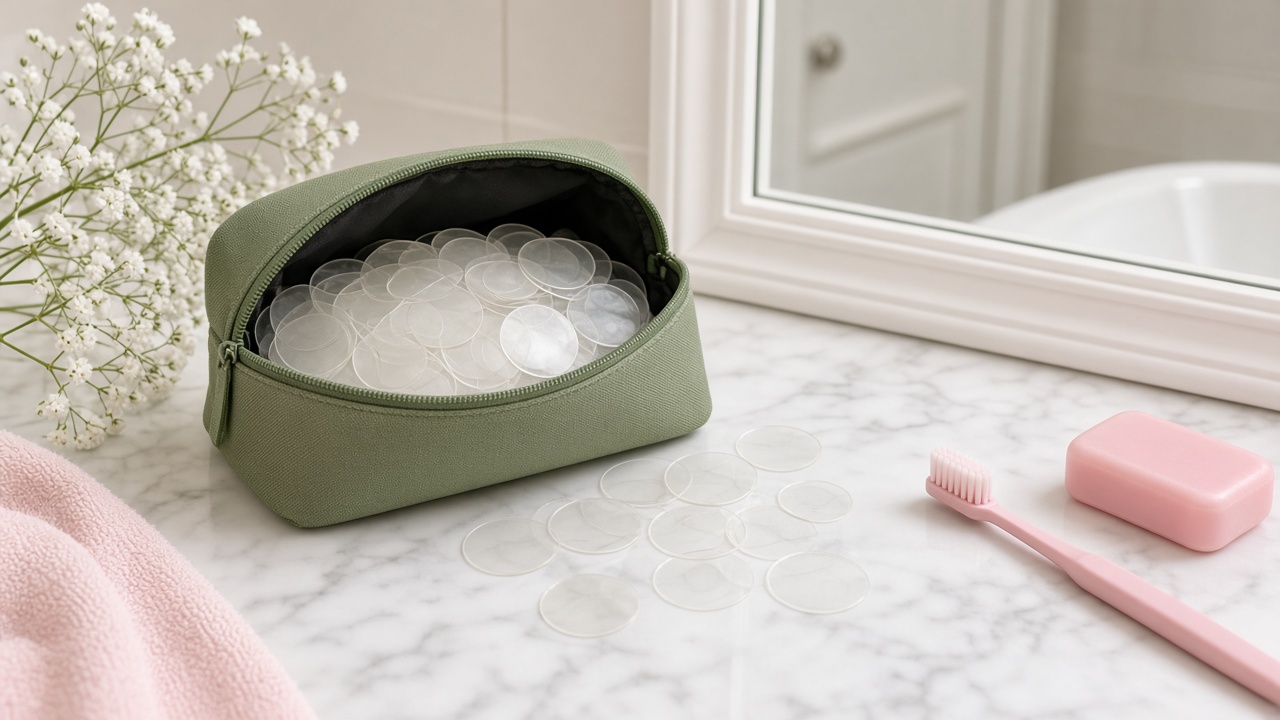 A washbag of clear circular spot patches on a bathroom counter