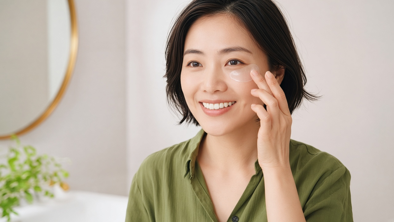 A woman in a green shirt smiling toward the camera while pressing a dissolving under-eye patch
