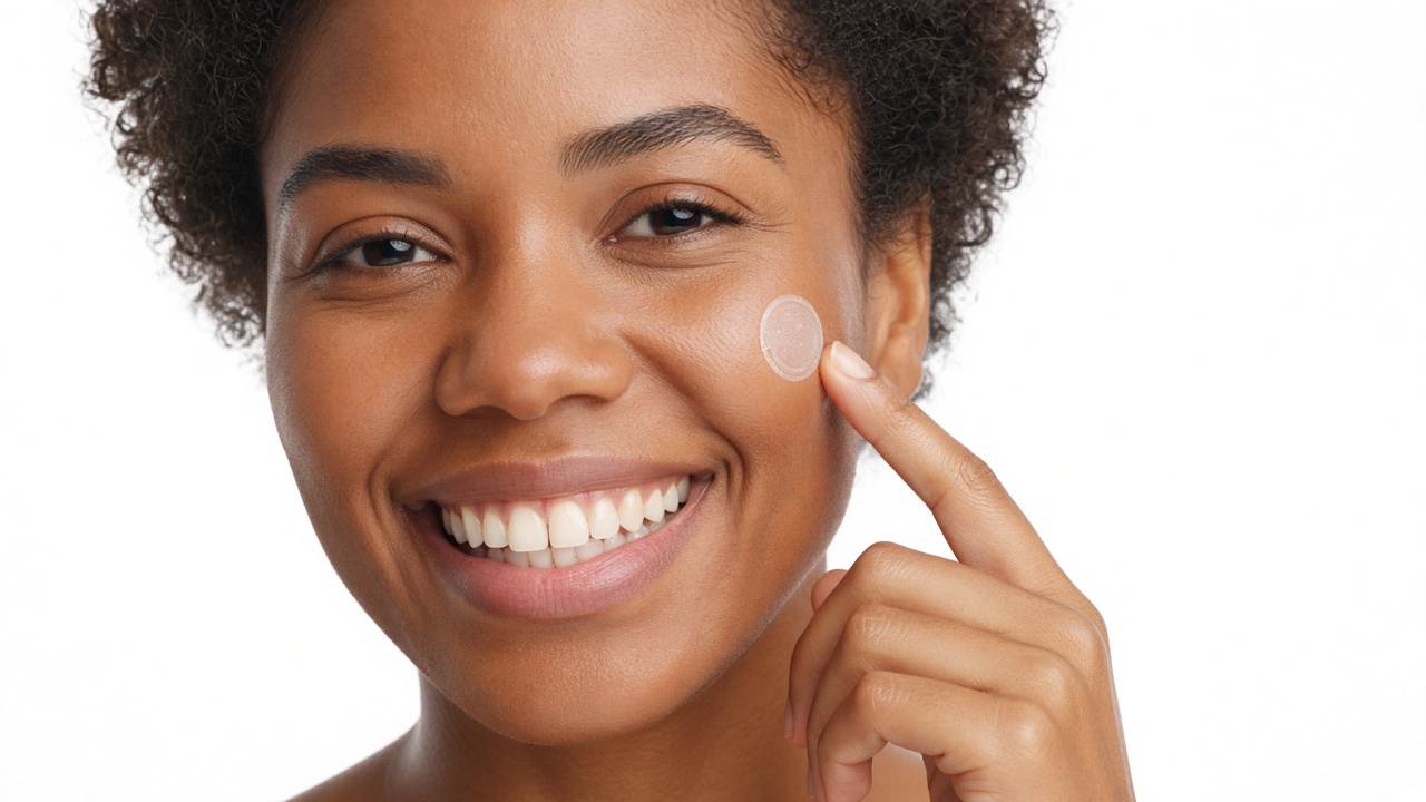 A woman applying a clear circular spot patch to her cheek